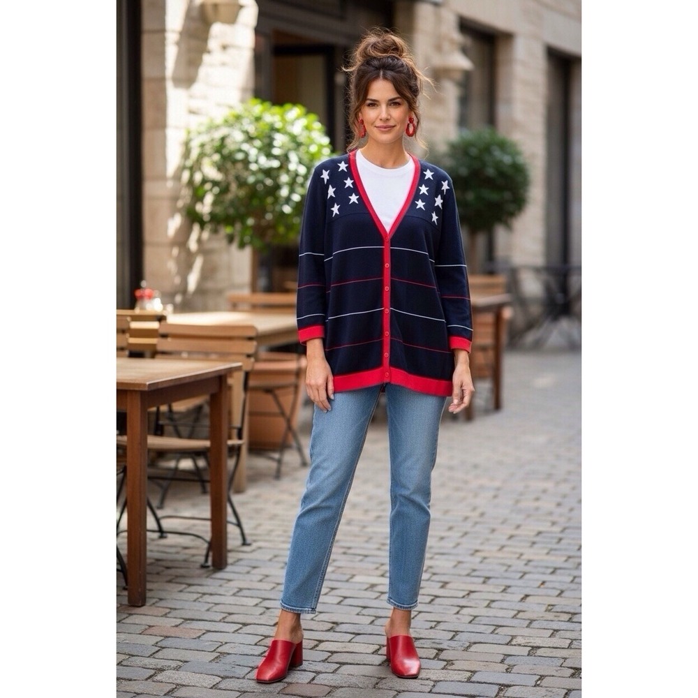 CJ Christopher & Banks Cardigan Women's 3/4 Sleeves 2X Navy Patriotic Stars USA
